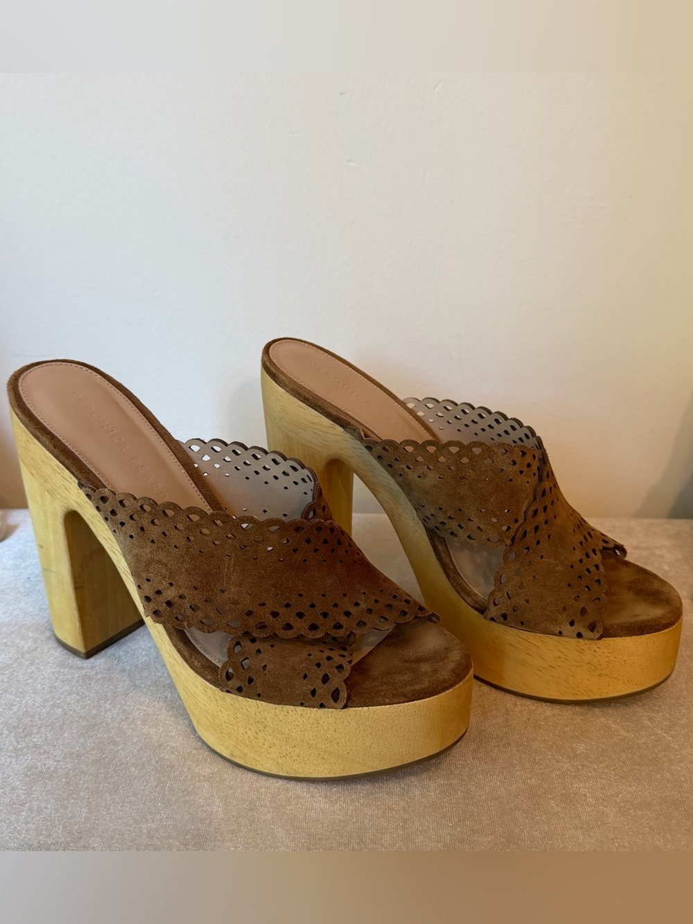 Veronica Beard Brown Suede Scalloped Platform Mules
